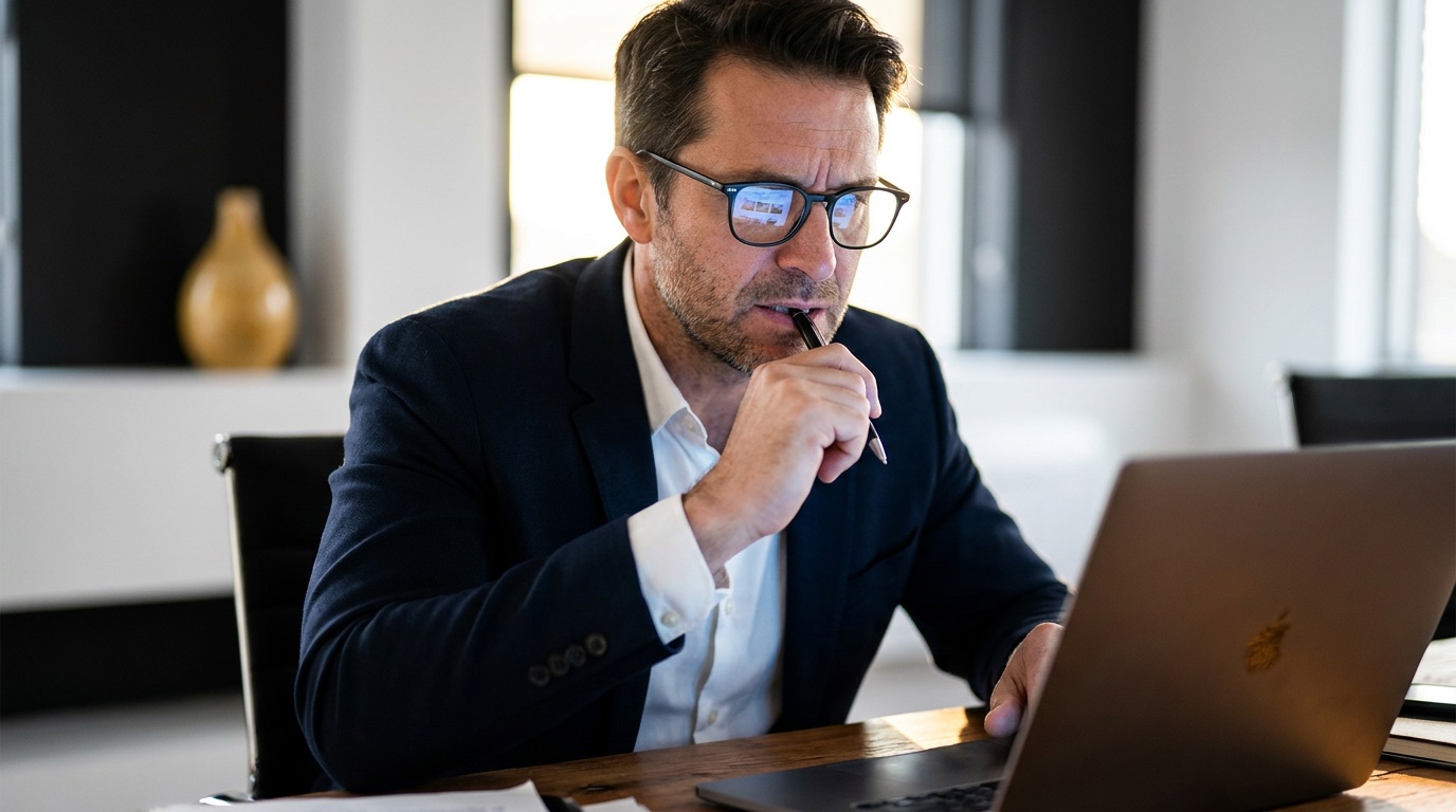 Dirigeant réfléchissant devant son ordinateur